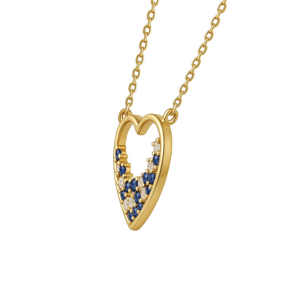 Collier Cœur Plaqué Or – Zirconiums Bleus & Blancs – Chaîne 40 + 5 cm