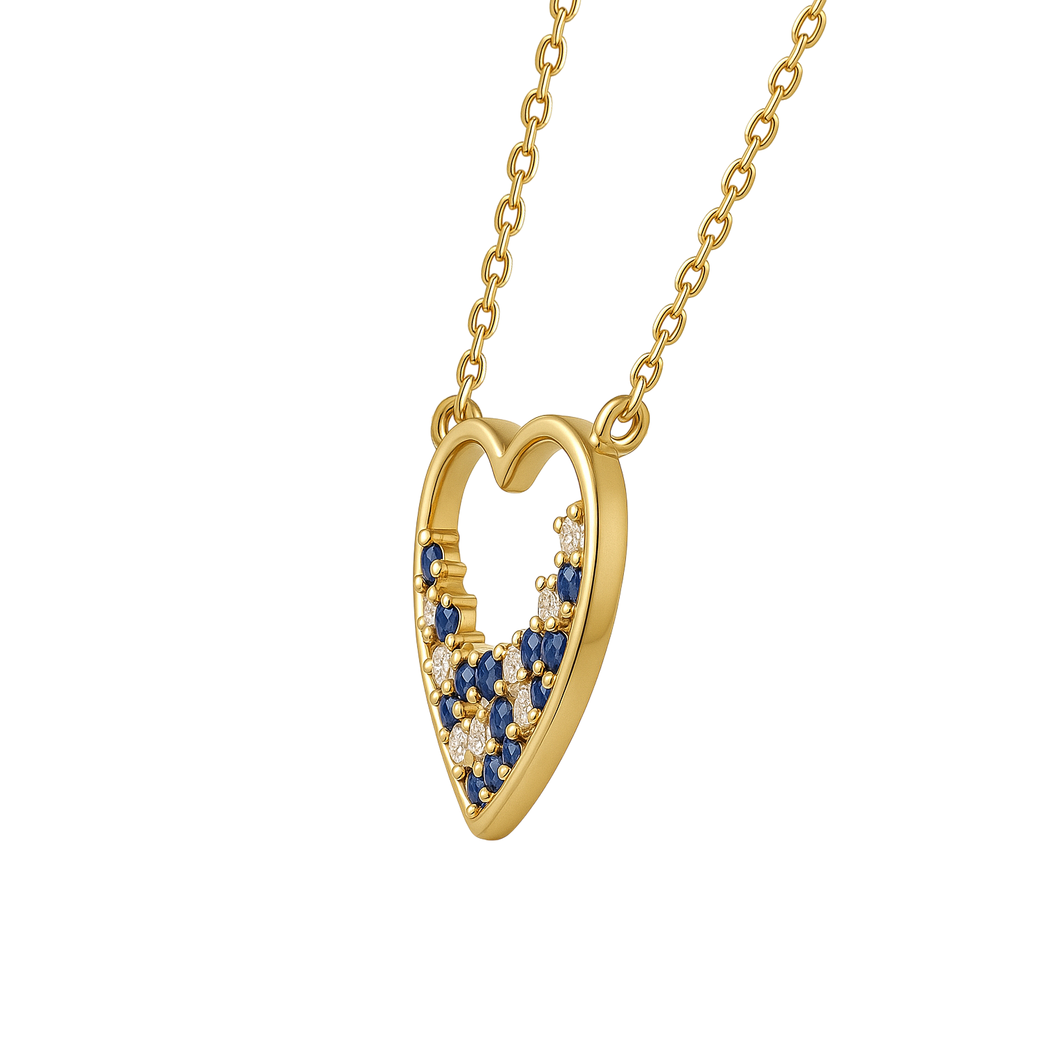 Collier Cœur Plaqué Or – Zirconiums Bleus & Blancs – Chaîne 40 + 5 cm