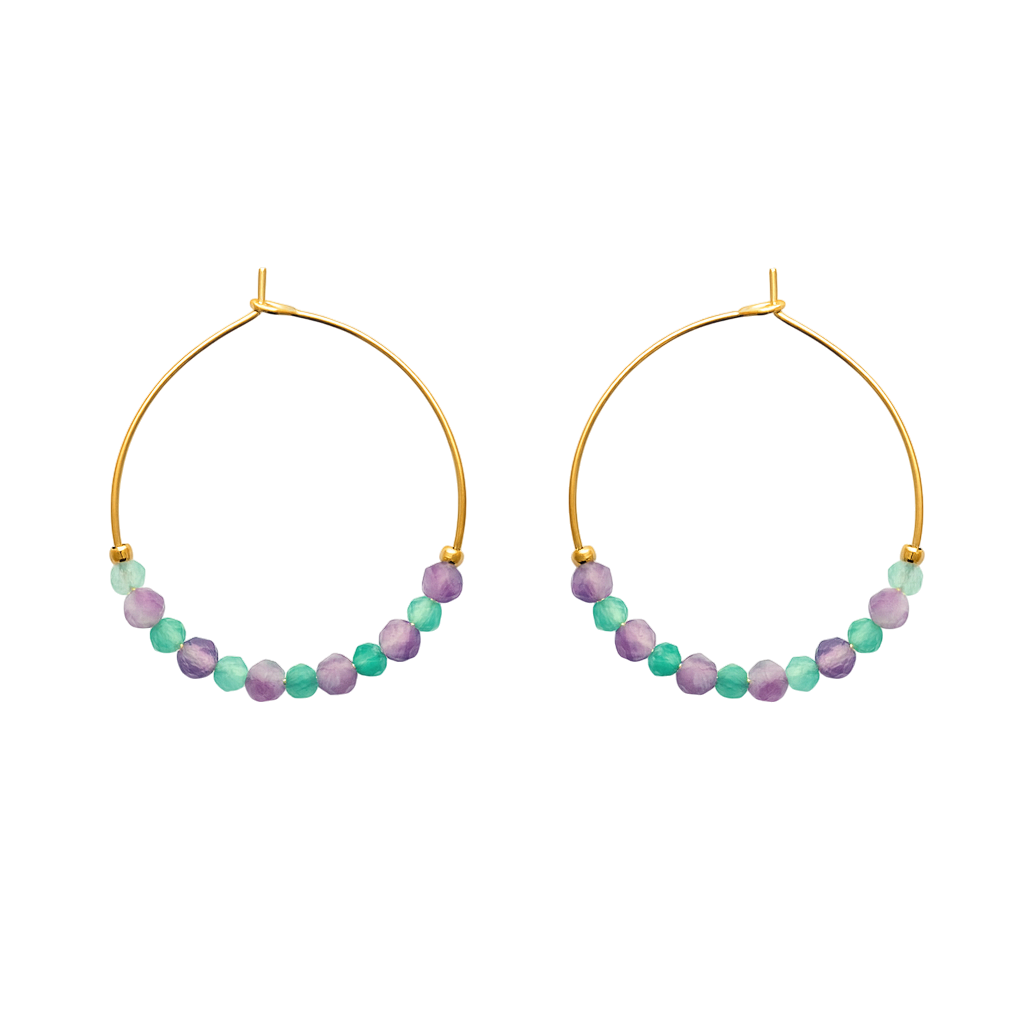 Boucles d’oreilles créoles 3 cm en plaqué or – Améthyste & Calcédoine