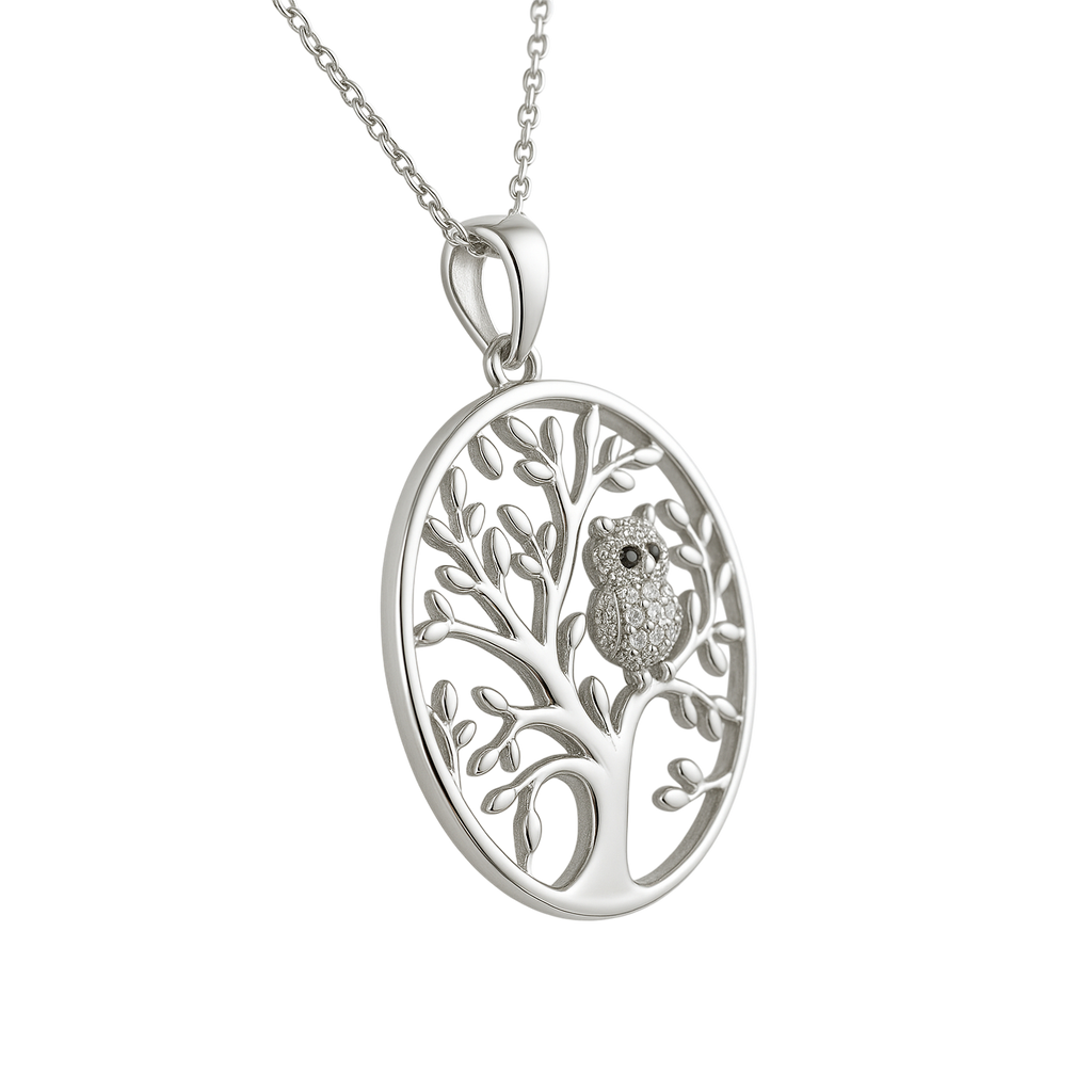 Collier Arbre de Vie & Hibou en Argent 925 Rhodié –  serti de Zirconium