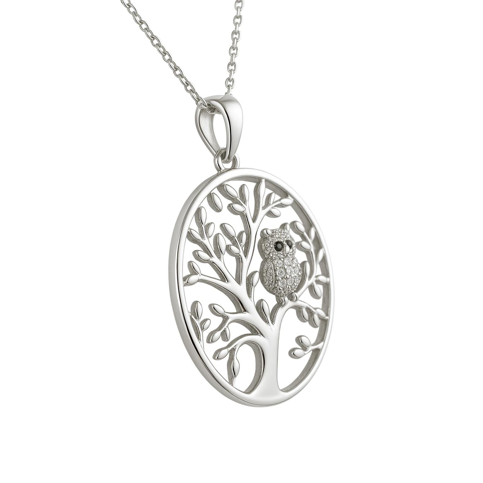 Collier Arbre de Vie & Hibou en Argent 925 Rhodié –  serti de Zirconium