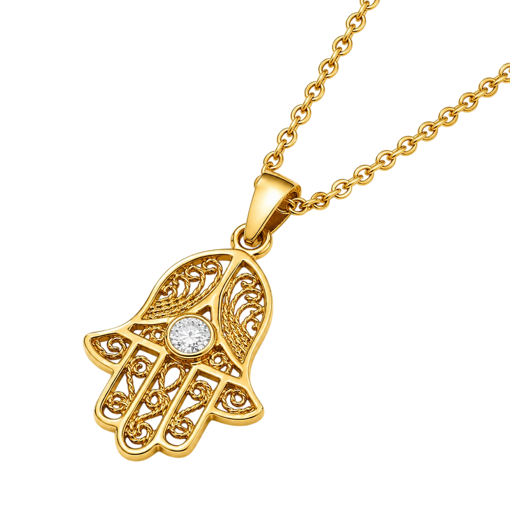 Collier Main de Fatma Plaqué Or Jaune 18 Carats & Zirconium Blanc