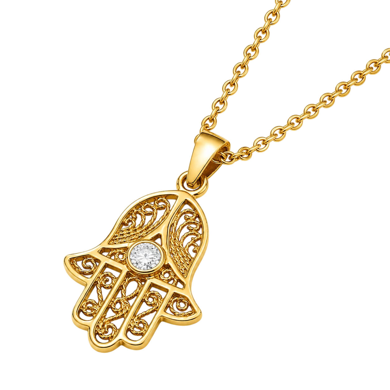 Collier Main de Fatma Plaqué Or Jaune 18 Carats & Zirconium Blanc