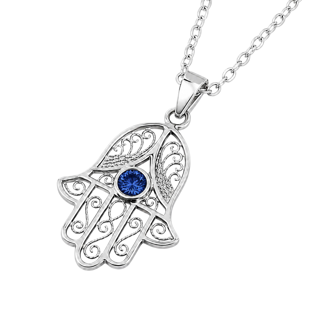 Collier Main de Fatma en Argent 925 Rhodié & Zirconium Bleu