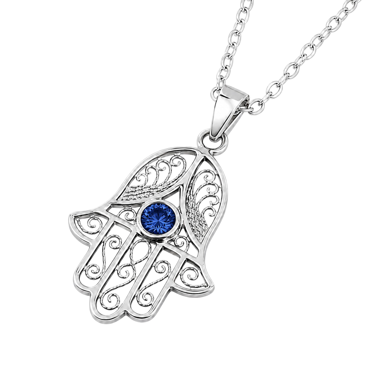 Collier Main de Fatma en Argent 925 Rhodié & Zirconium Bleu