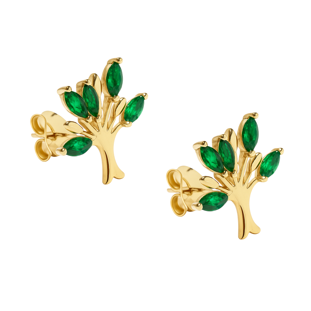 Boucles d’Oreilles Arbre de Vie – Plaqué Or & Pierres Zirconium Vert – Bijou Féminin Élégant