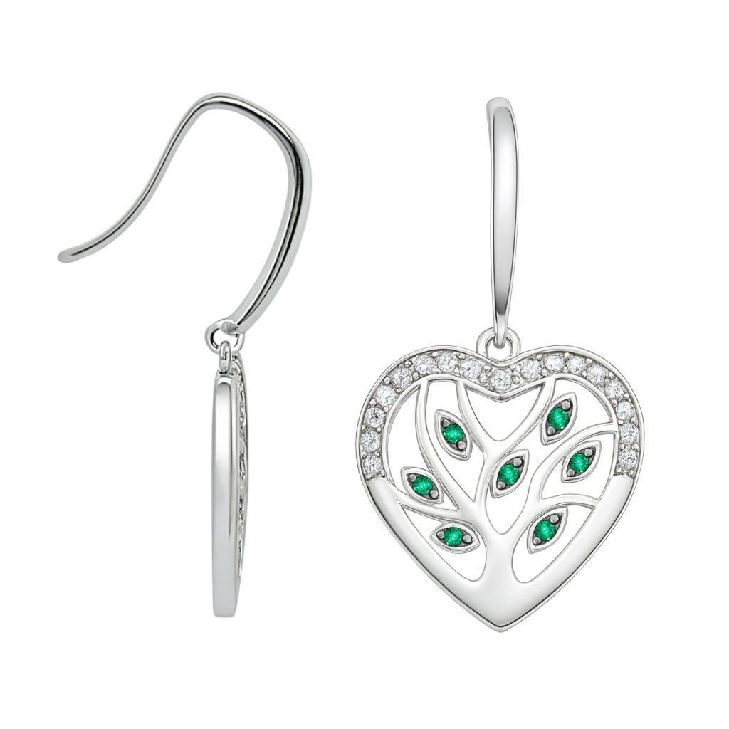 Boucles d’oreilles Cœur Arbre de Vie – Argent Rhodié, Zirconiums Blancs & Verts