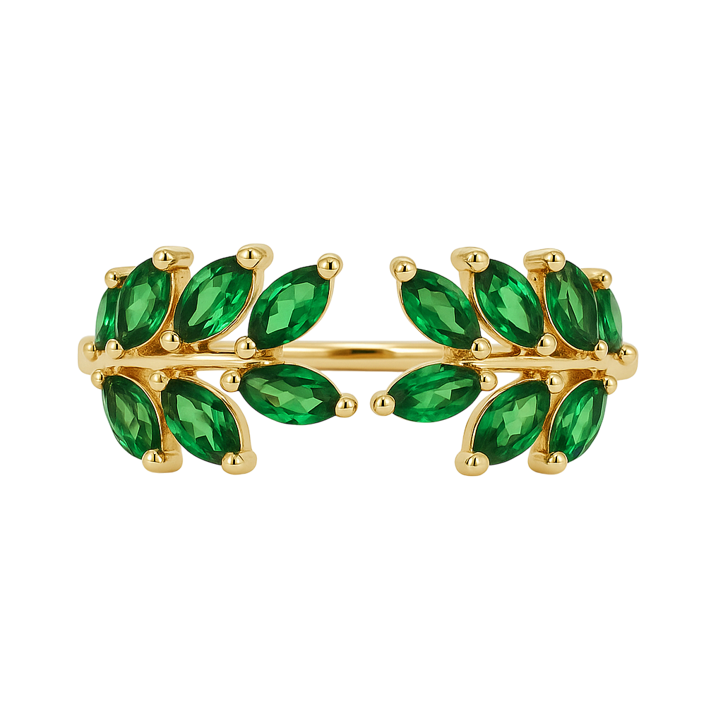Bague feuille en plaqué or – Zirconiums verts scintillants