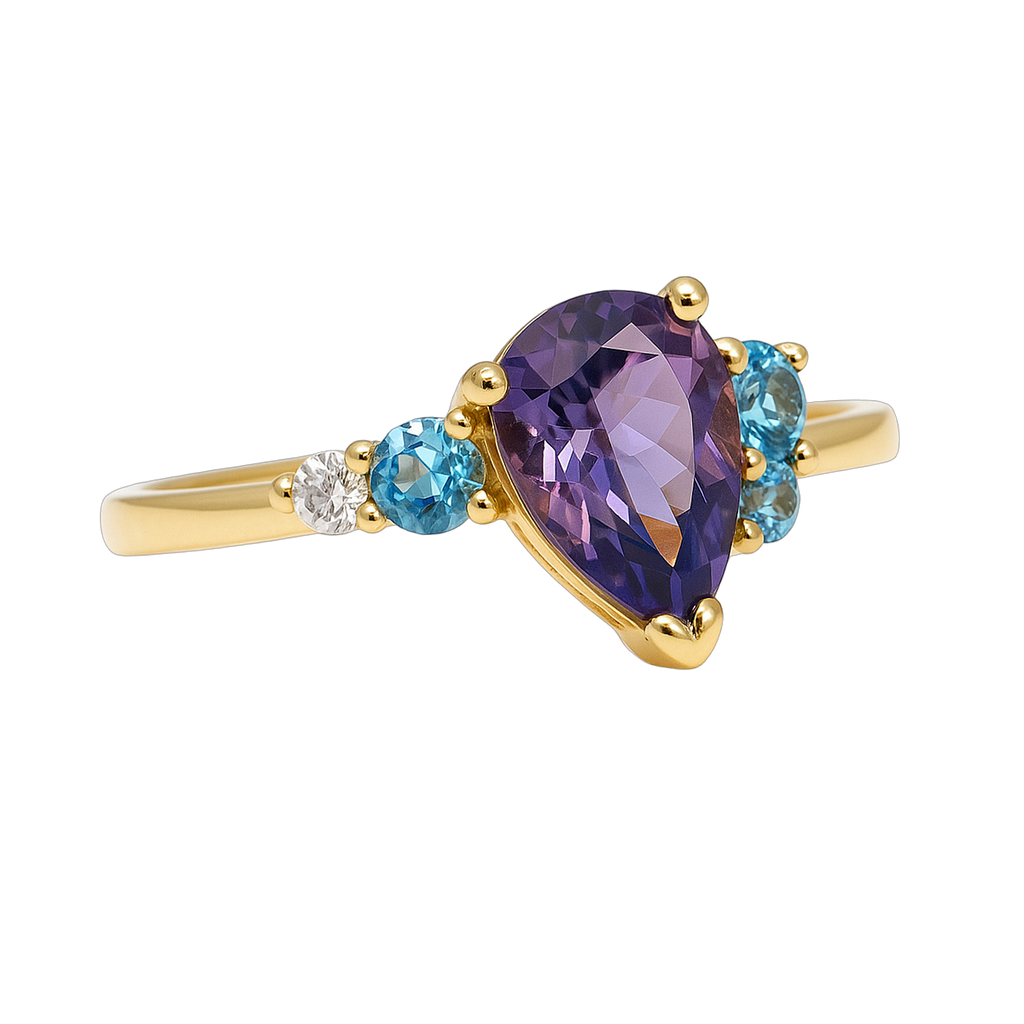 Bague plaqué or  – Zirconiums violet, bleu & blanc