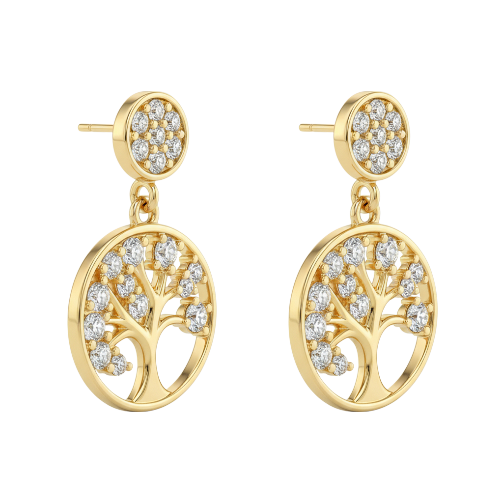 Boucles d’oreilles Arbre de Vie – Plaqué Or  & Zirconium – Élégance Symbolique