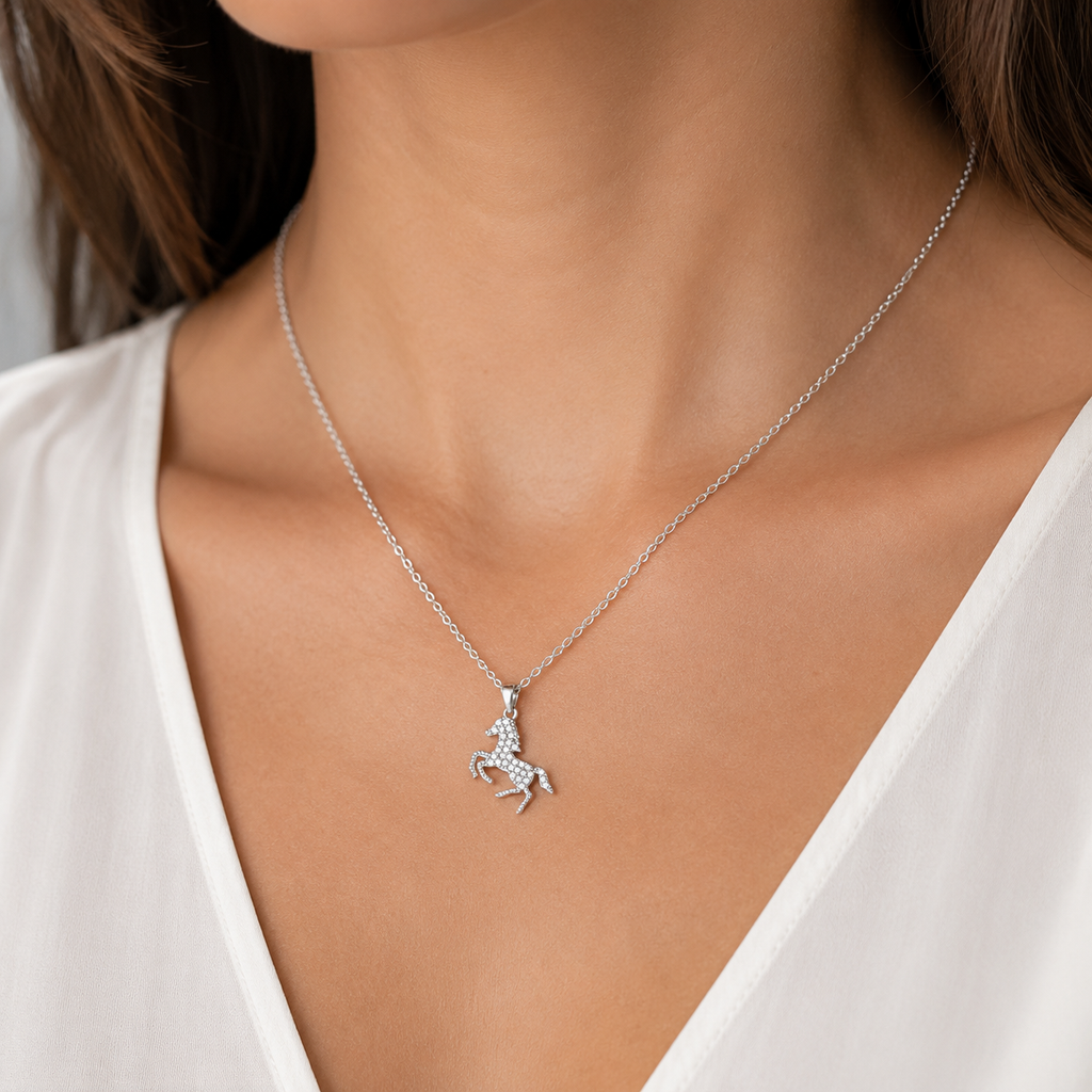 Collier Cheval en Argent 925 Rhodié & Zirconiums