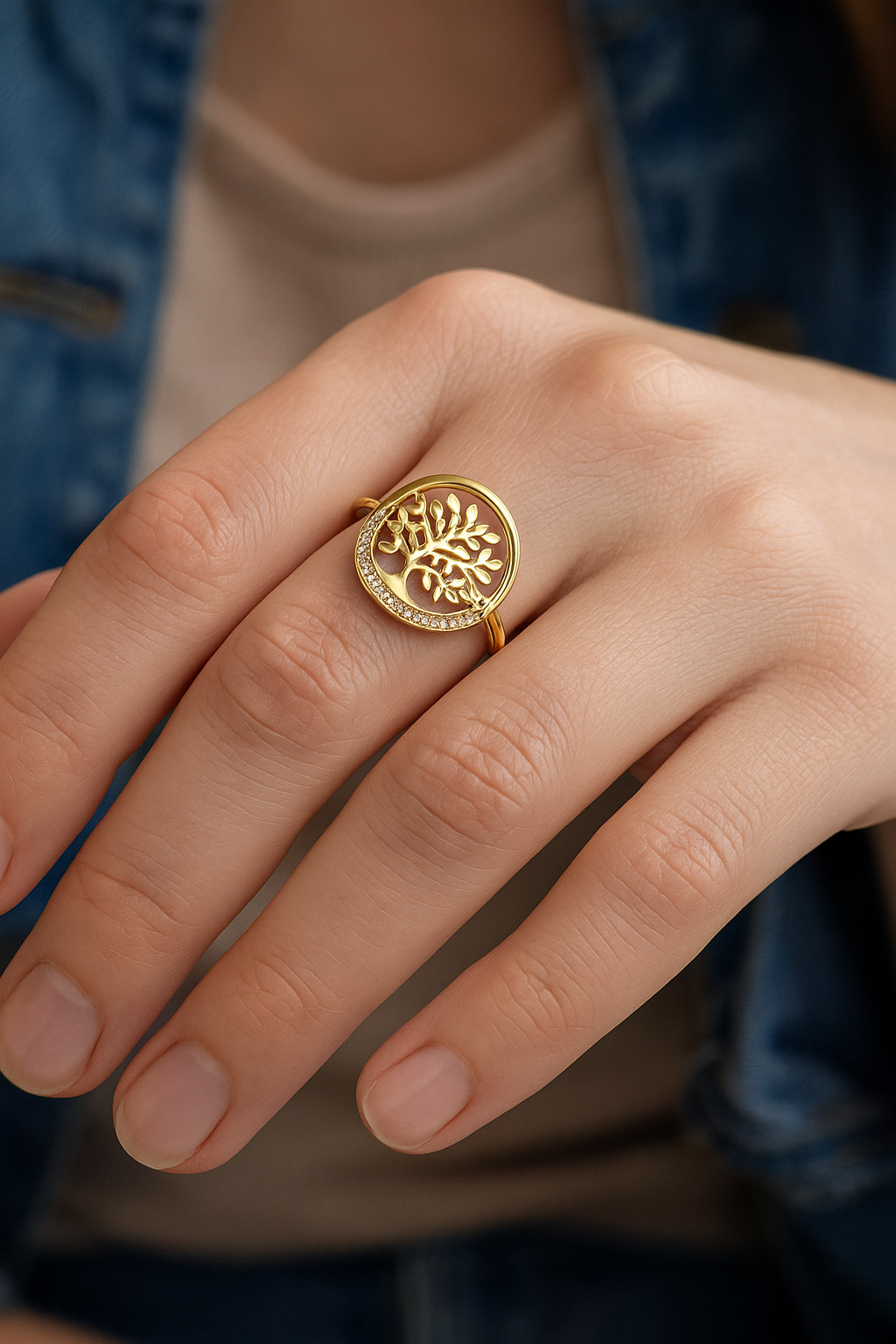 Bague Arbre de Vie en Plaqué Or – Zirconium Étincelant