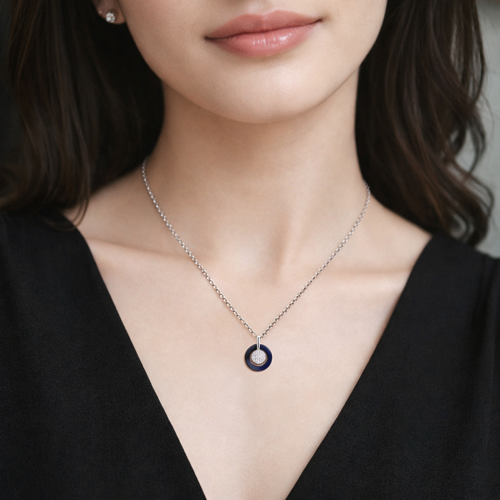 Collier Cercle Élégance – Argent 925 Rhodié, Céramique Bleu & Zirconium