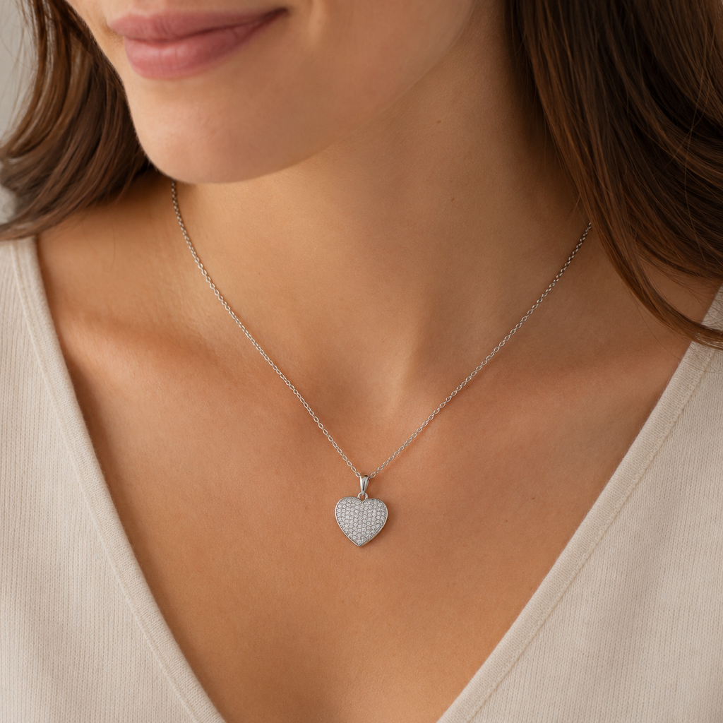 Collier Cœur Pavé Zirconium en Argent 925 Rhodié