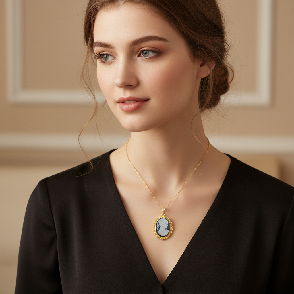 Collier Grand Camée noir – Plaqué Or | Bijou Vintage Élégant