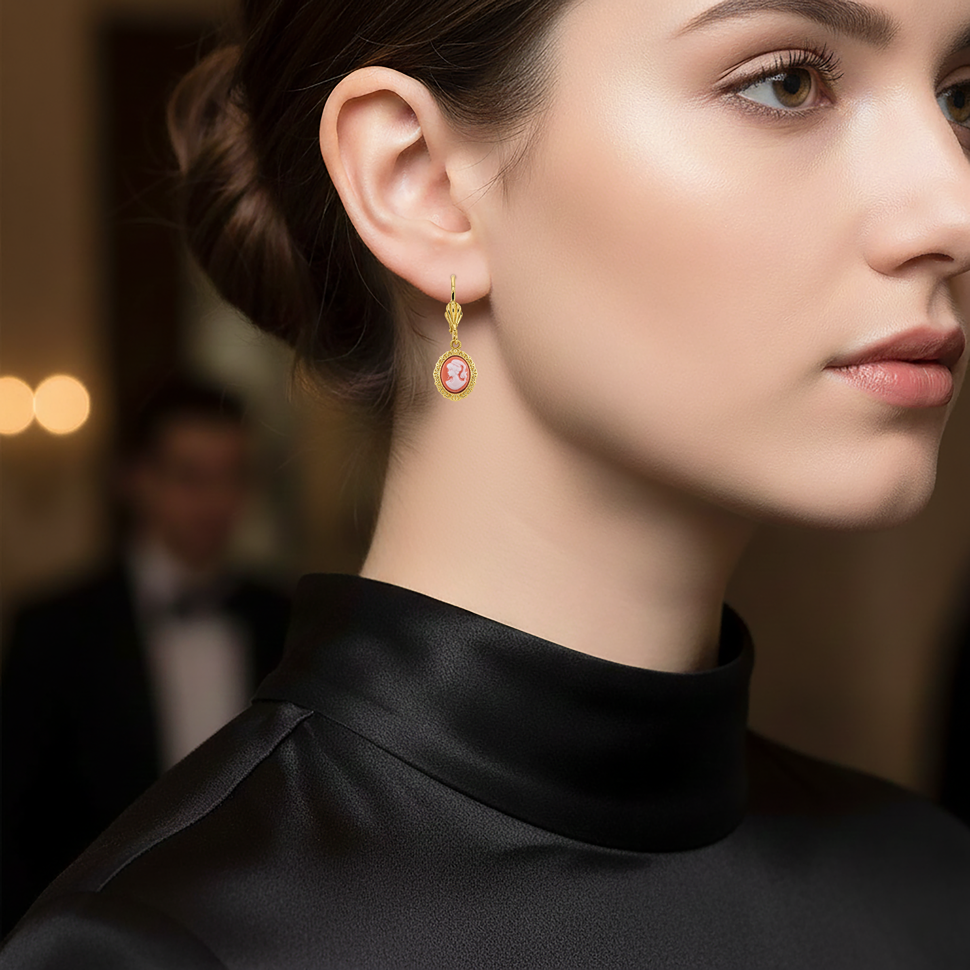 Boucles d’oreilles camée rouge vintage – Plaqué or – Dormeuses élégantes