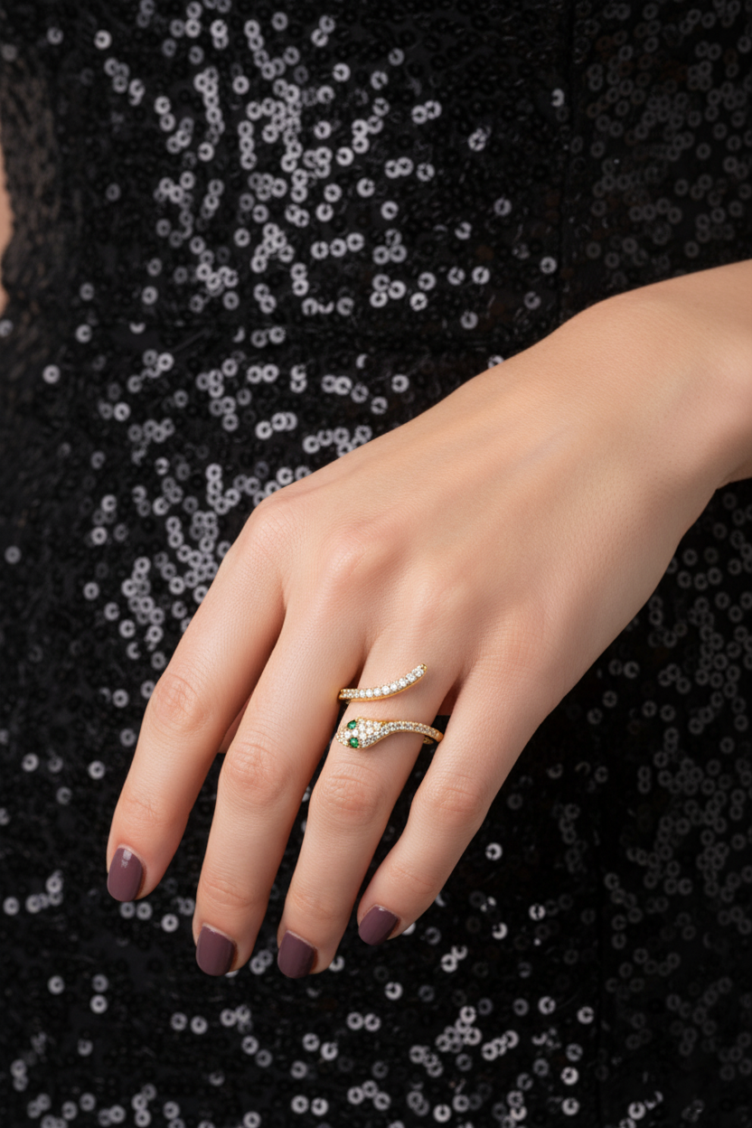 Bague Serpent en Plaqué Or – Zirconium & Yeux Vert Émeraude