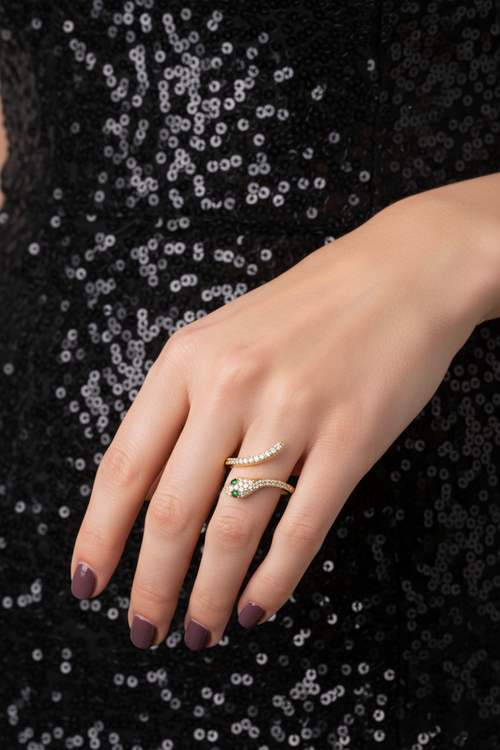 Bague Serpent en Plaqué Or – Zirconium & Yeux Vert Émeraude