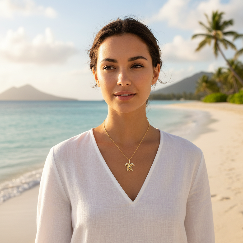 Collier Tortue en Plaqué Or – Zirconium Multicolore | Chaîne 40 + 5 cm