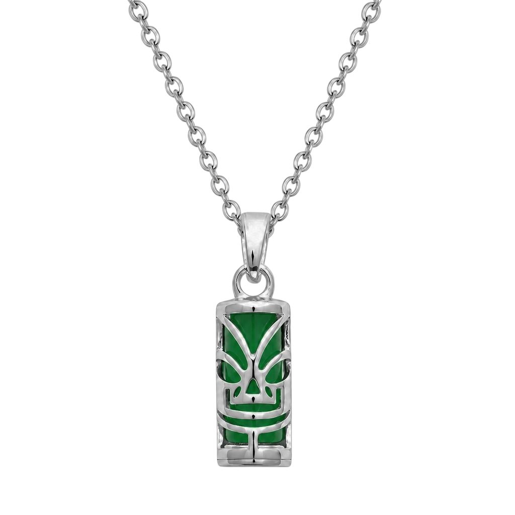 Collier petit Tiki en Argent 925 Rhodié & Agate Verte Naturelle – Unisexe