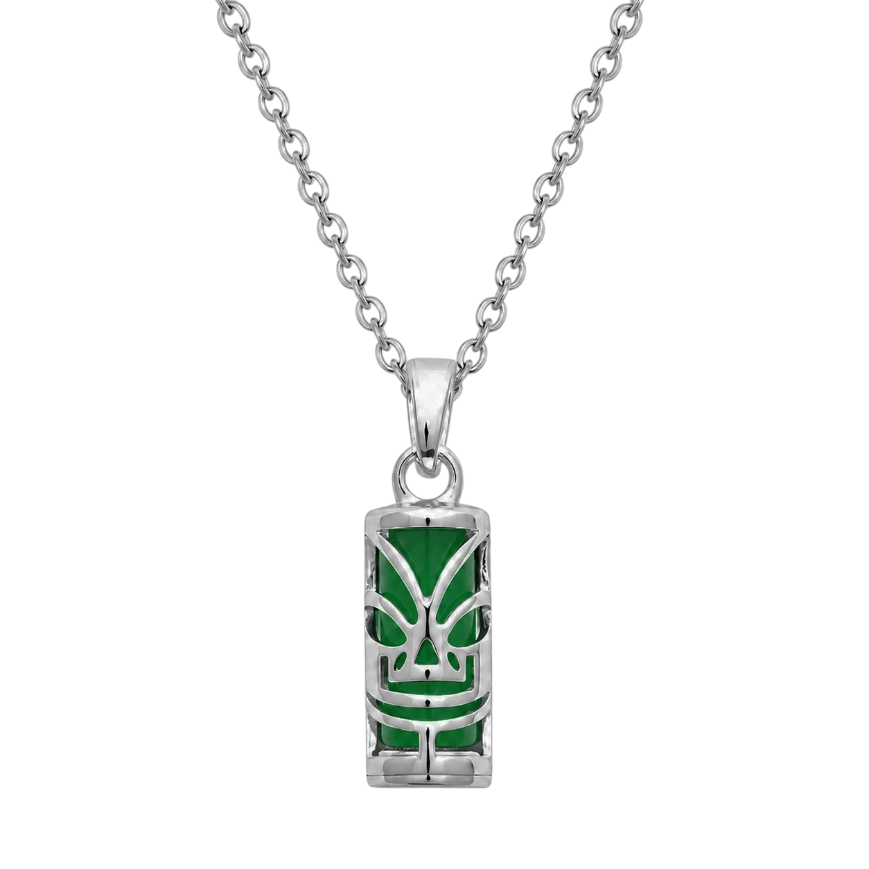 Collier petit Tiki en Argent 925 Rhodié & Agate Verte Naturelle – Unisexe