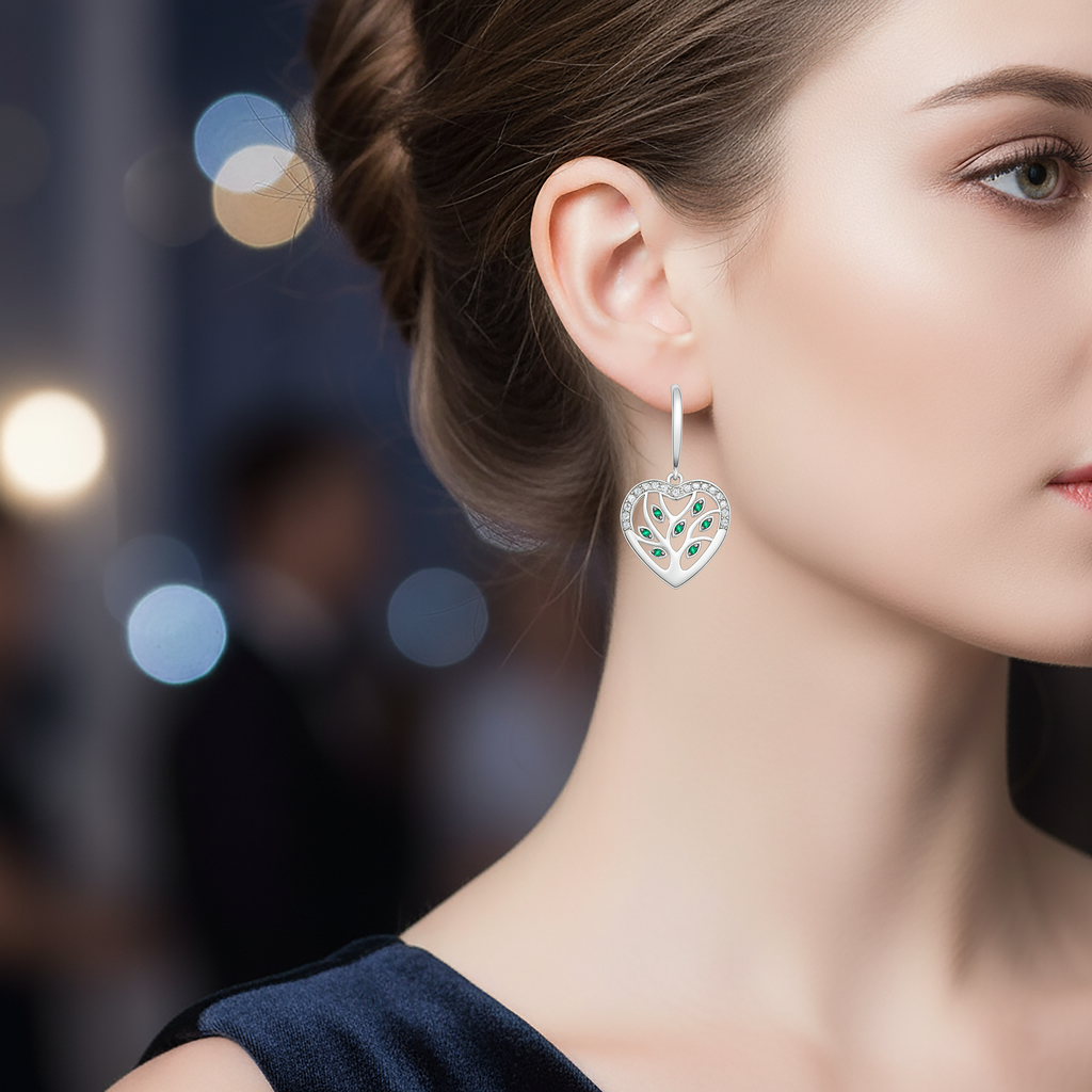 Boucles d’oreilles Cœur Arbre de Vie – Argent Rhodié, Zirconiums Blancs & Verts