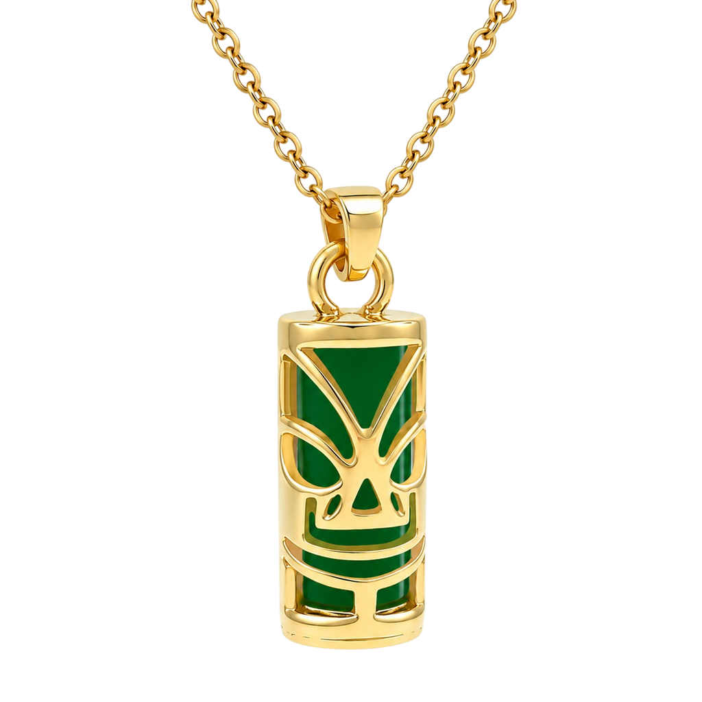 Collier Tiki en Plaqué Or 18 Carats & Agate Verte Naturelle