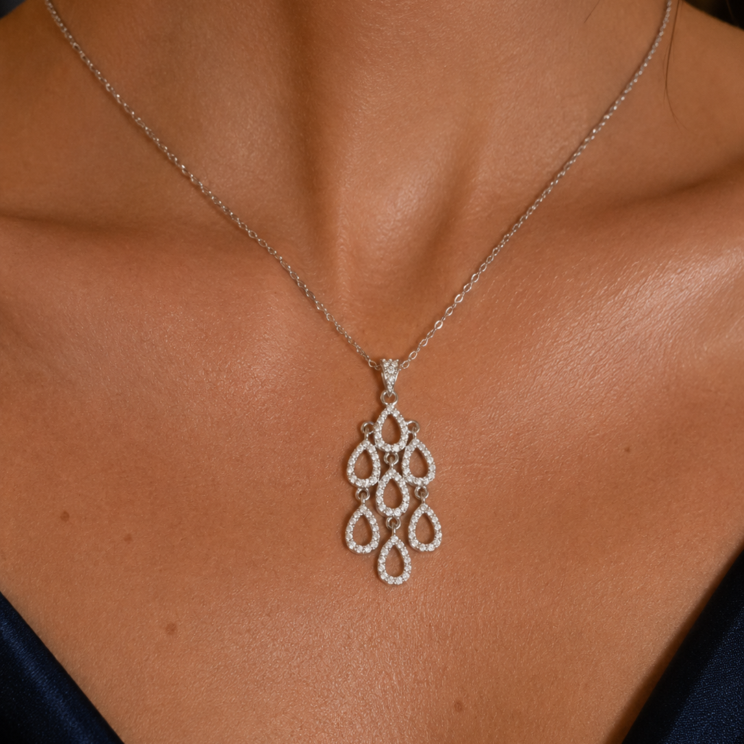 Collier en Argent 925 Rhodié & Zirconiums – Pendentif Gouttes Élégantes