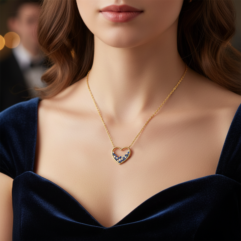 Collier Cœur Plaqué Or – Zirconiums Bleus & Blancs – Chaîne 40 + 5 cm