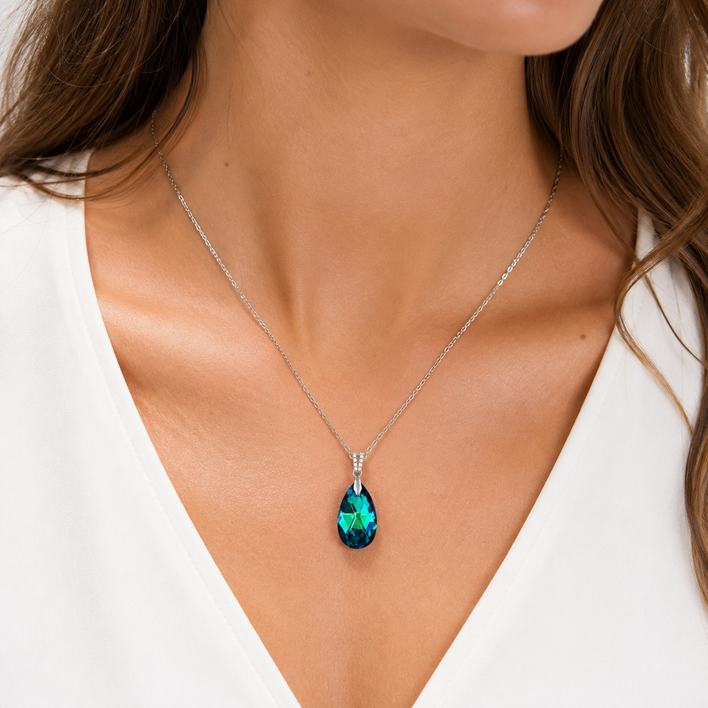 Collier Argent 925 Rhodié, Zirconiums & Cristal Bleu Vert
