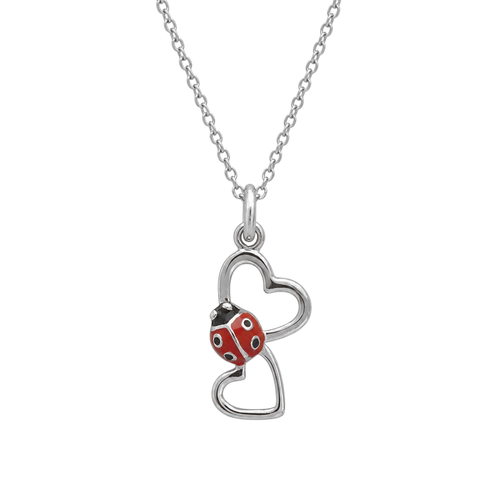 Collier Coccinelle 2 Cœurs en Argent 925 Rhodié & Laque Rouge
