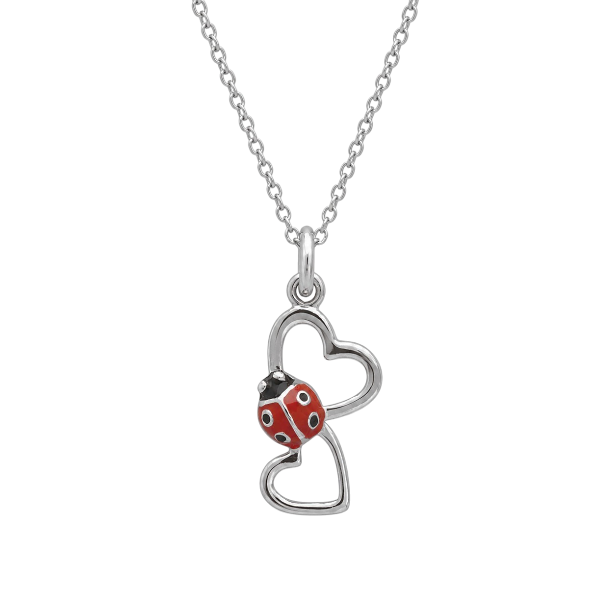 Collier Coccinelle 2 Cœurs en Argent 925 Rhodié & Laque Rouge