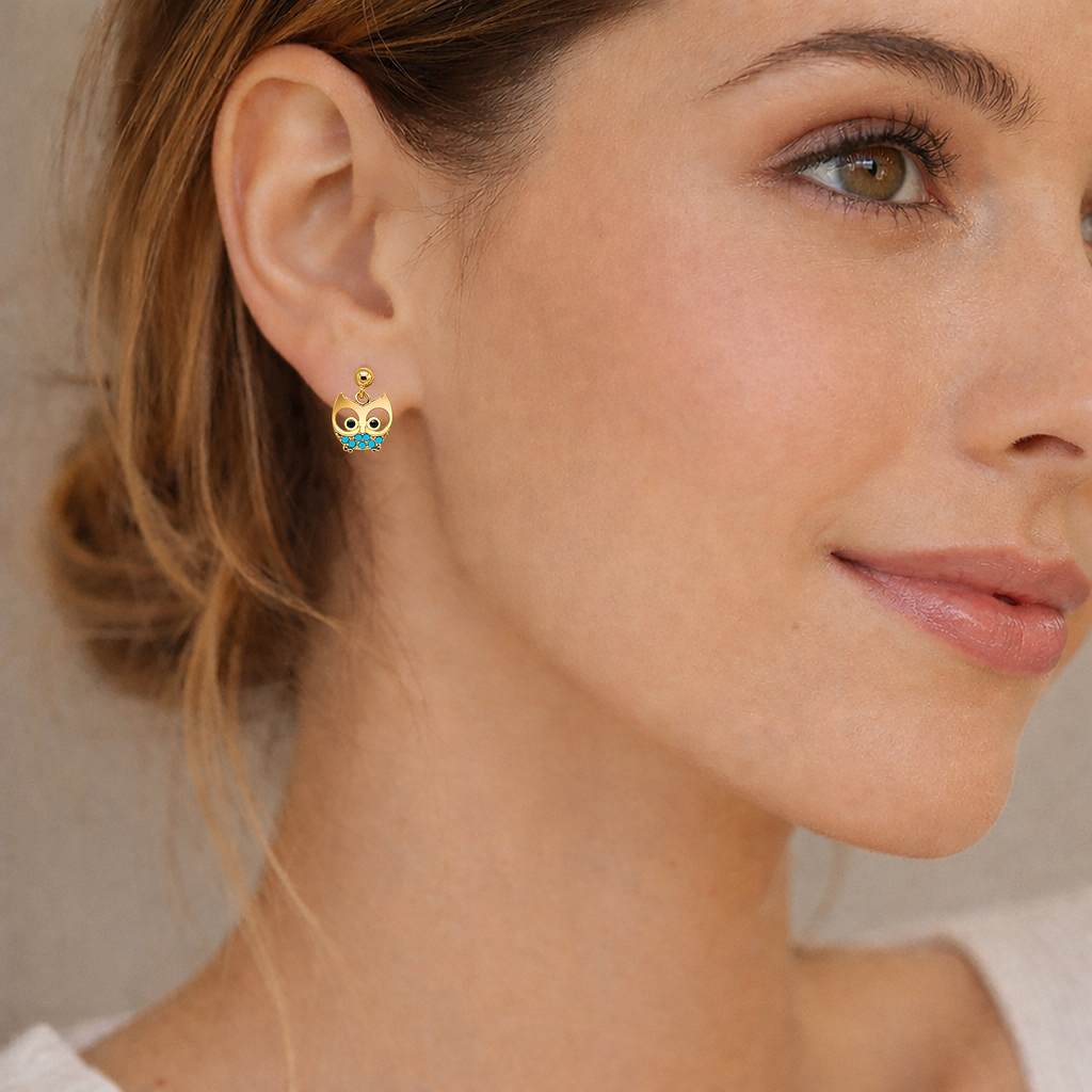 Boucles d’oreilles Hibou – Plaqué Or 18 Carats & Zirconium