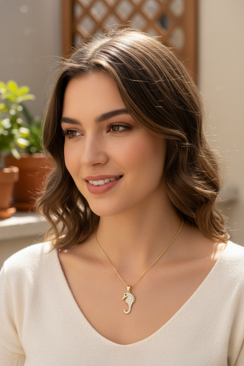 Collier Hippocampe Plaqué Or – Chaîne 40+5 cm – Pendentif Zircons Premium