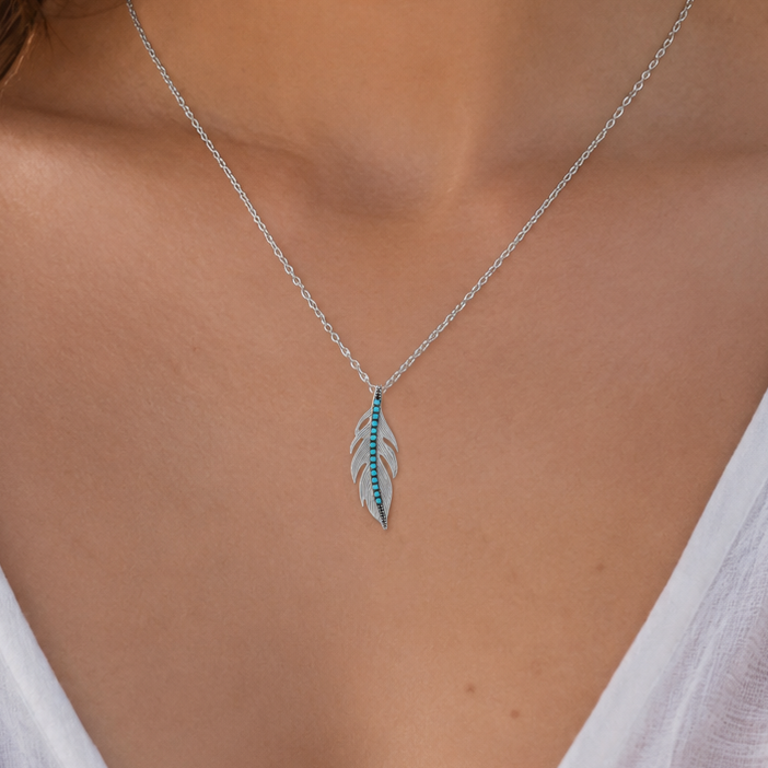 Collier Plume Argent 925 Rhodié & Turquoise Synthétique