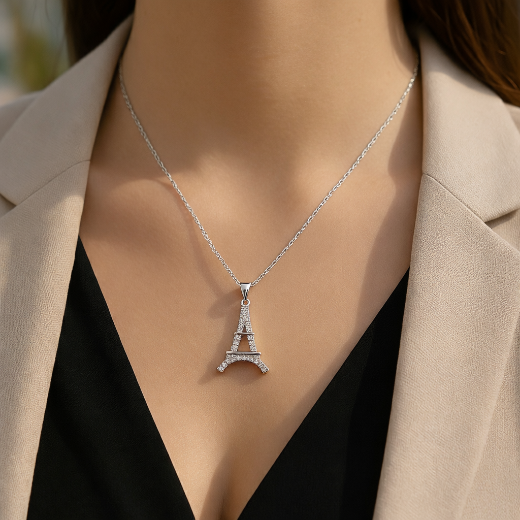 Collier Tour Eiffel en Argent 925 Rhodié & Zirconium