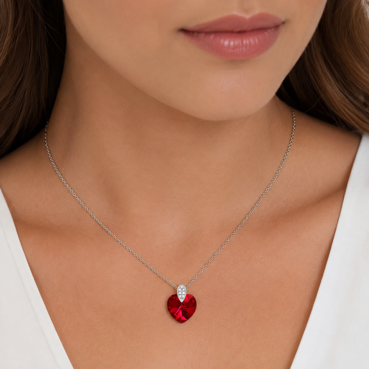 Collier Cœur Cristal rouge & Zirconiums en Argent 925 Rhodié