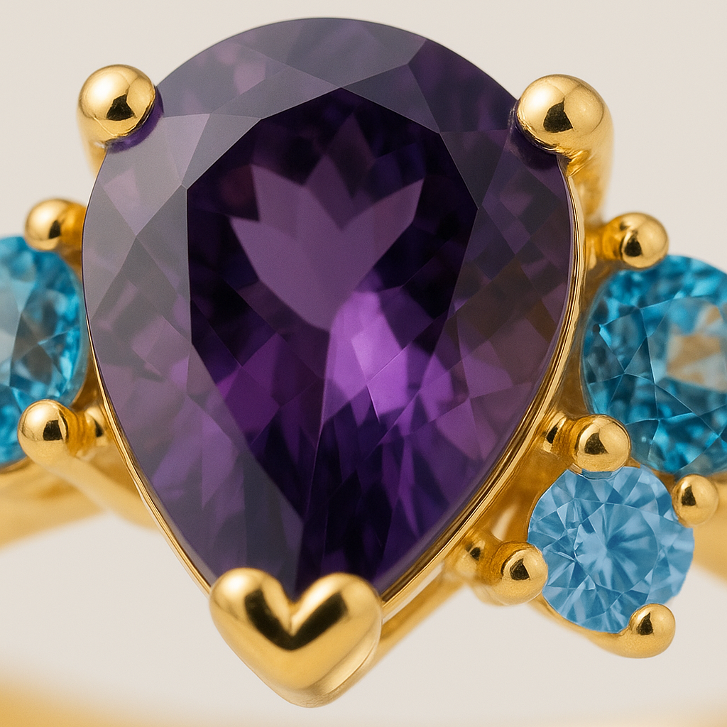 Bague plaqué or  – Zirconiums violet, bleu & blanc