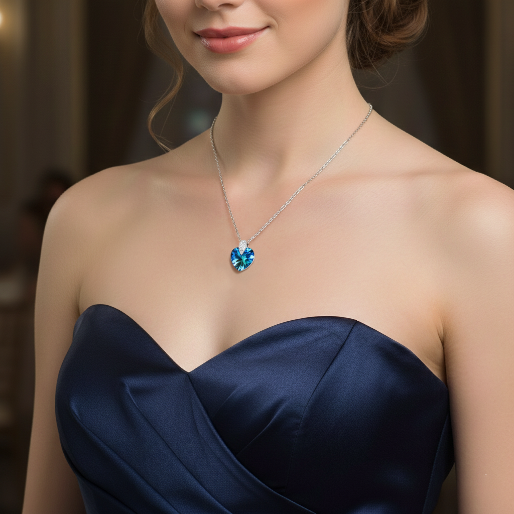 Collier Cœur en Argent 925 Rhodié & Cristal bleu/vert