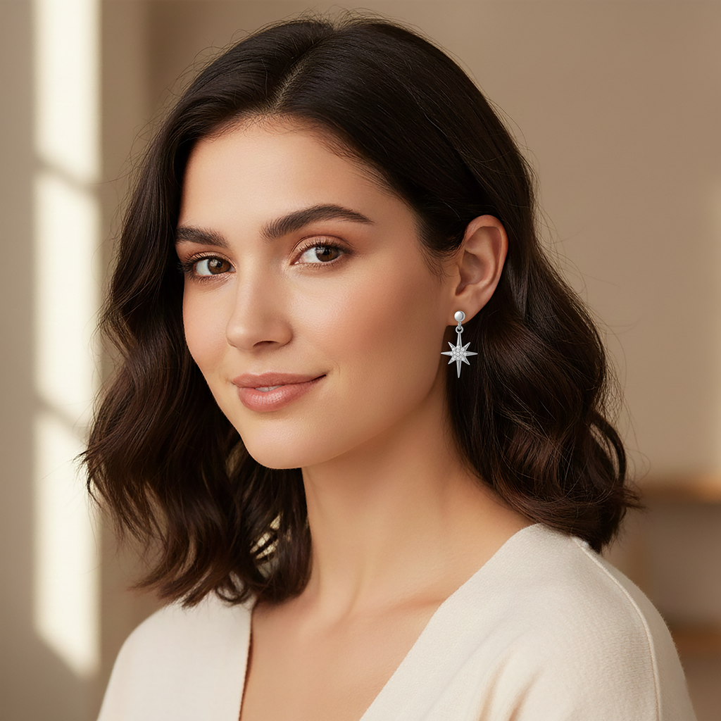 Boucles d’oreilles asymétriques Lune & Étoile – Argent Rhodié & Zirconium Blanc