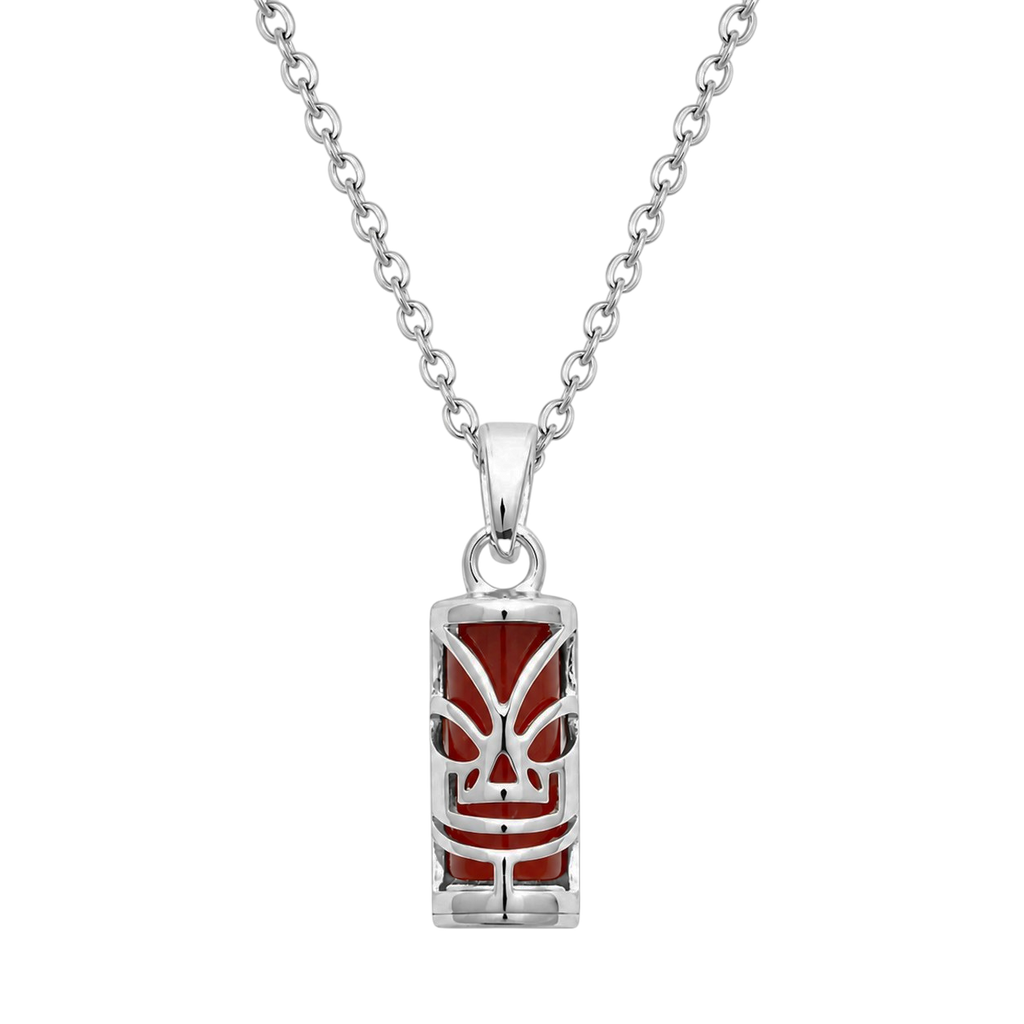 Collier petit Tiki en Argent 925 Rhodié & Agate rouge Naturelle – Unisexe
