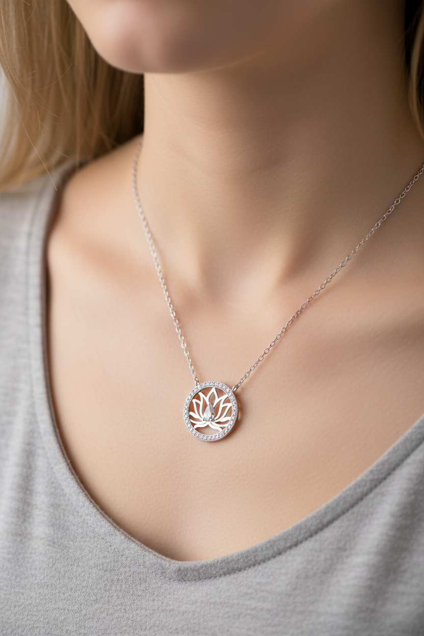 Collier Fleur de Lotus – Argent 925 Rhodié & Zirconium
