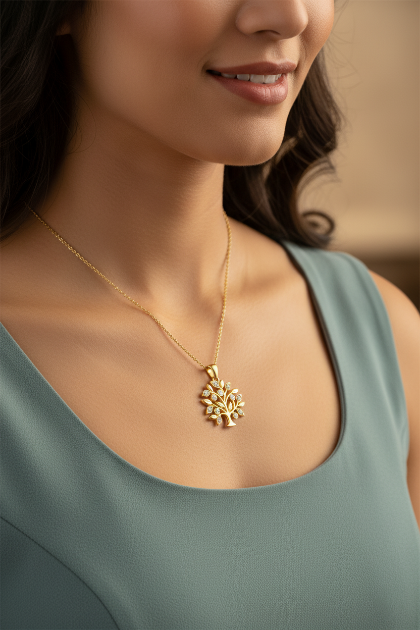 Collier Arbre de Vie – Plaqué Or 750‰ – Chaîne 40 cm + 5 cm • Bijou Symbolique & Élégant