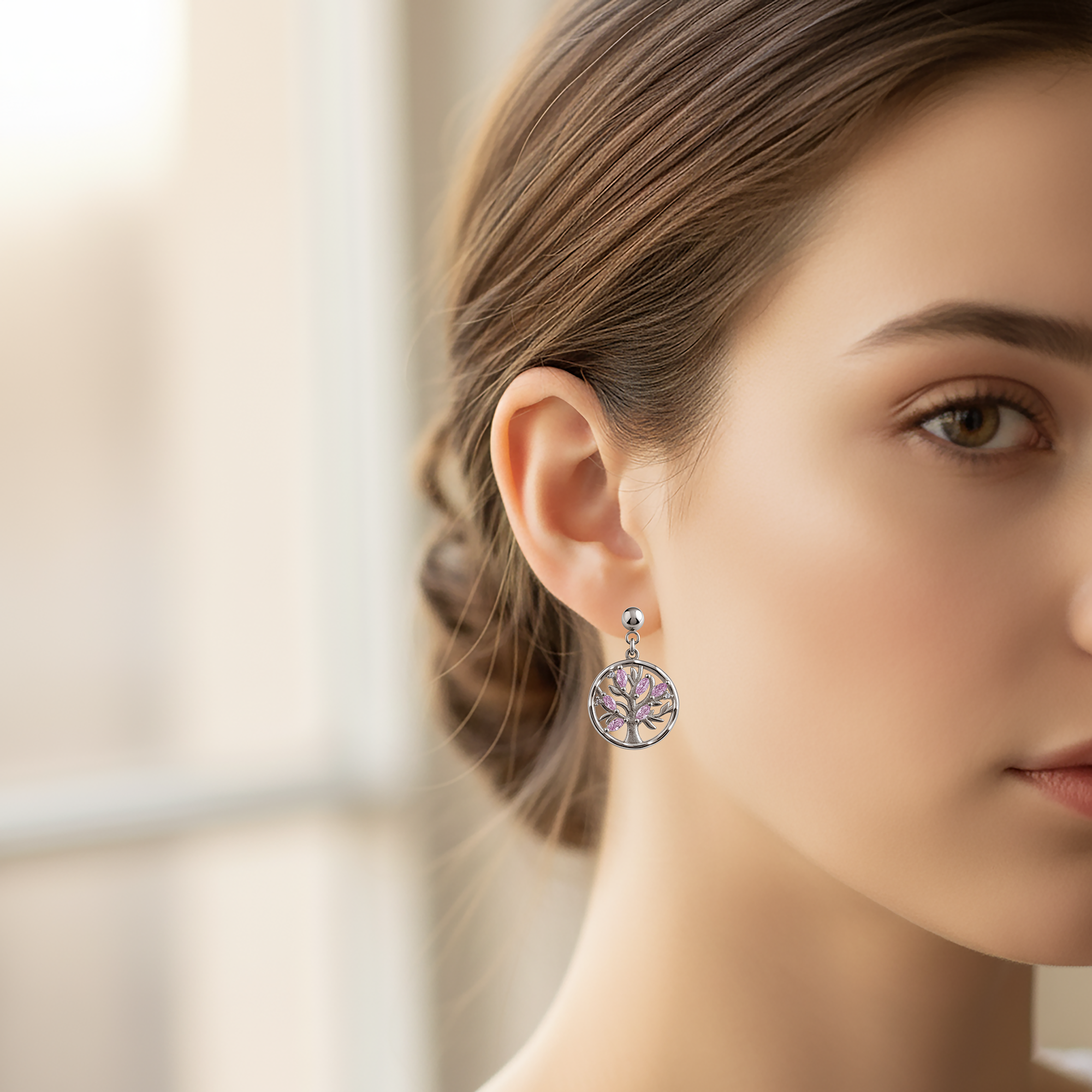 Boucles d’Oreilles Arbre de Vie en Argent Rhodié – Zirconium Rose & Blanc