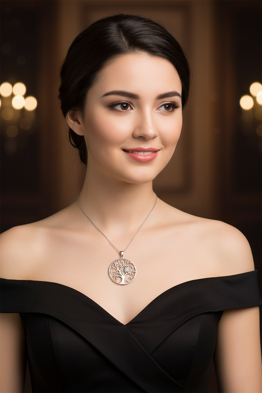 Collier Arbre de Vie & Hibou en Argent 925 Rhodié –  serti de Zirconium