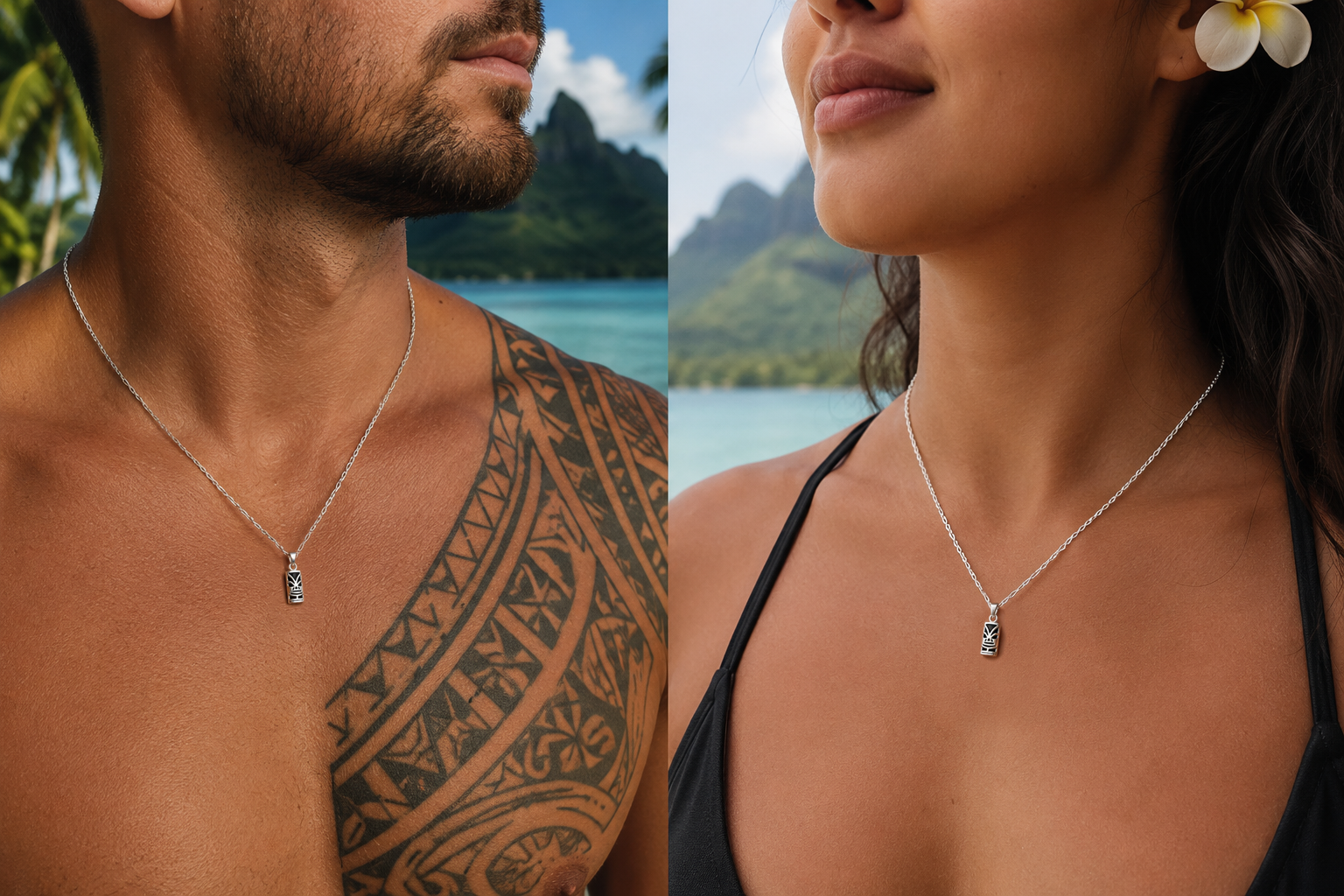 Collier Tiki en Argent 925 Rhodié & Onyx Synthétique