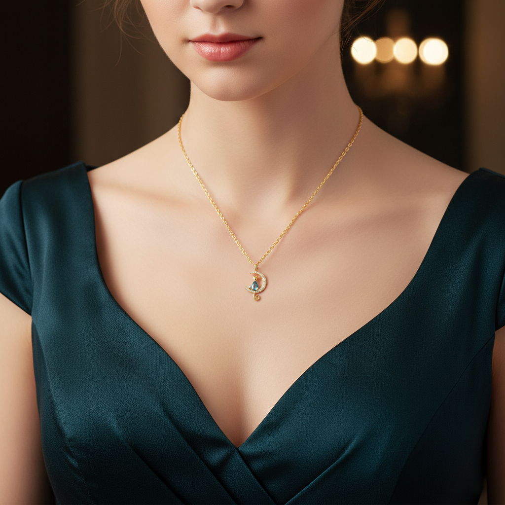 Collier Chat Lune – Plaqué Or 18 Carats & Zirconium