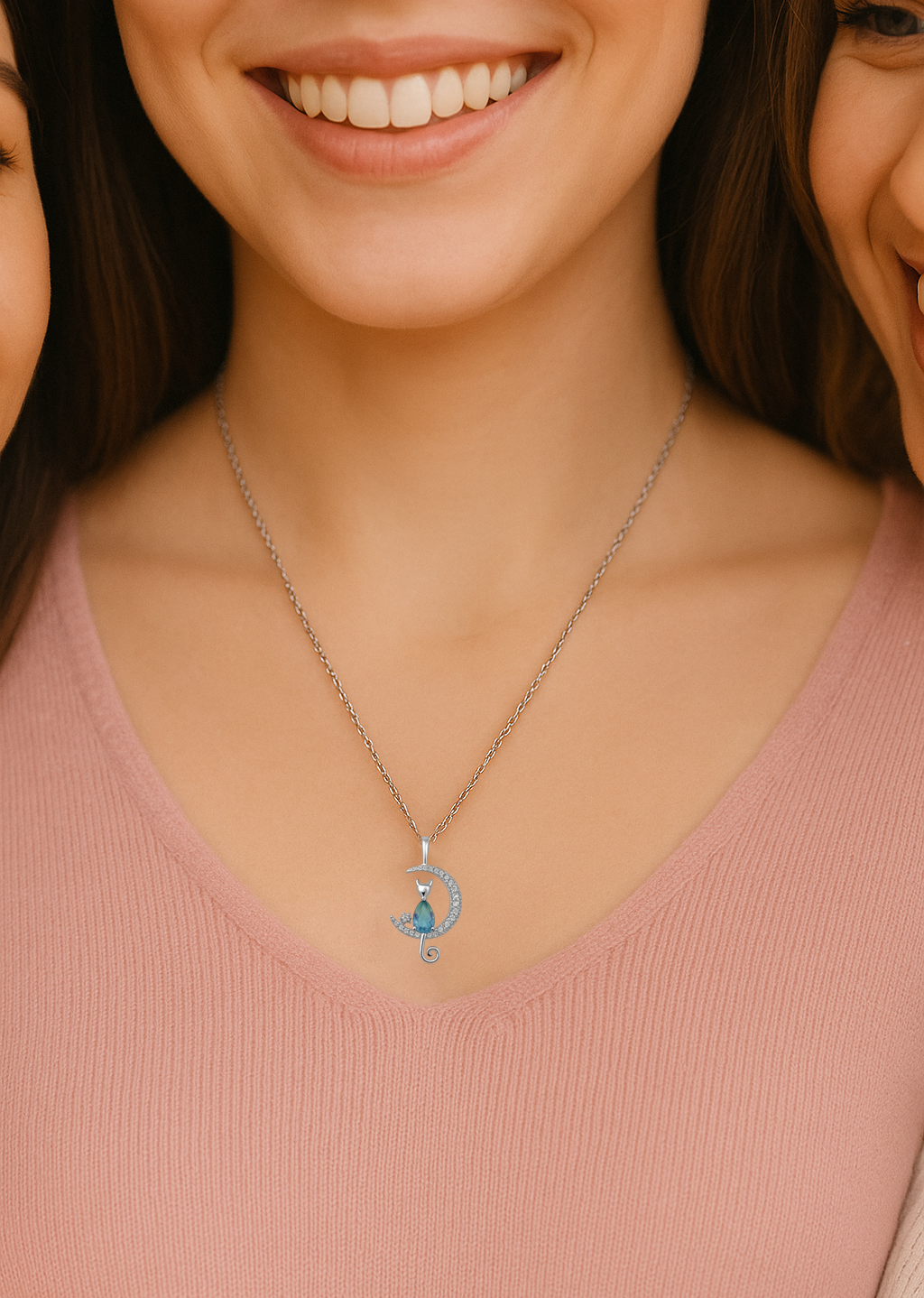 Collier Chat & Lune – Argent 925 Rhodié & Zirconium