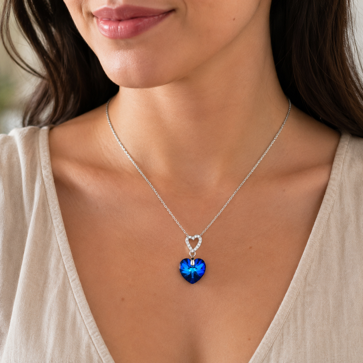Collier Cœur Cristal Bleu & Argent 925 Rhodié