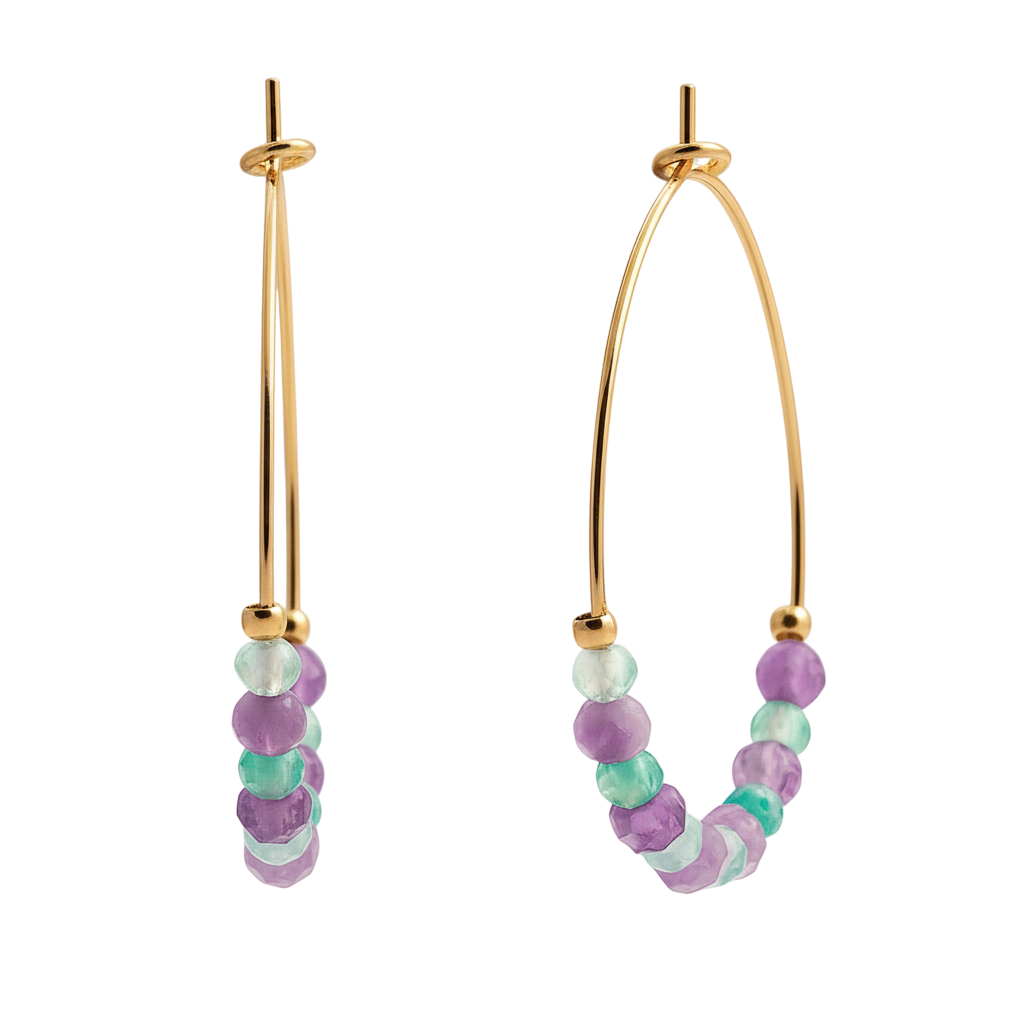 Boucles d’oreilles créoles 3 cm en plaqué or – Améthyste & Calcédoine